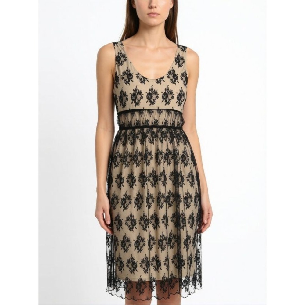 Lace Overlay Cocktail Dress Womens Small Black Beige Good Sequin V-Neck